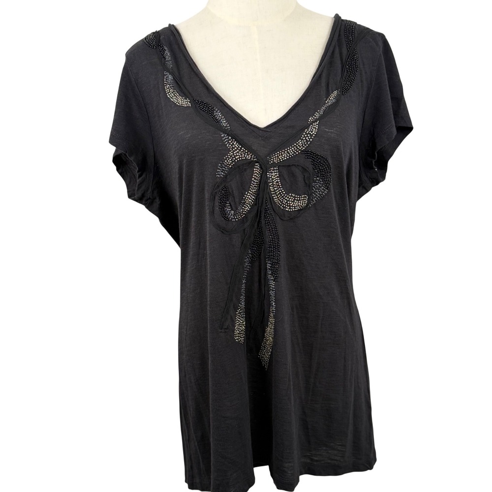 Caslon XL Easy Fit‎ Tee Black Beaded Bow Core V Neck Slub Knit SS Top Whimsygoth